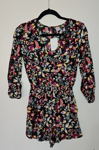 H&M Floral 3/4 Sleeve Boho Playsuit Size 8 Black Multicoloured Festival NEW BNWT - Picture 2 of 18