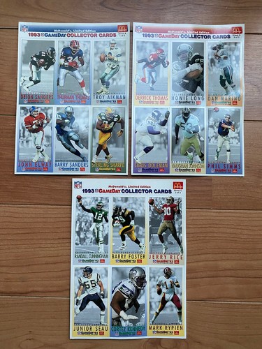 Tarjetas de coleccionista McDonalds GameDay 1993 Elway Deion Aikman Barry Sanders 3 hojas - Imagen 1 de 8
