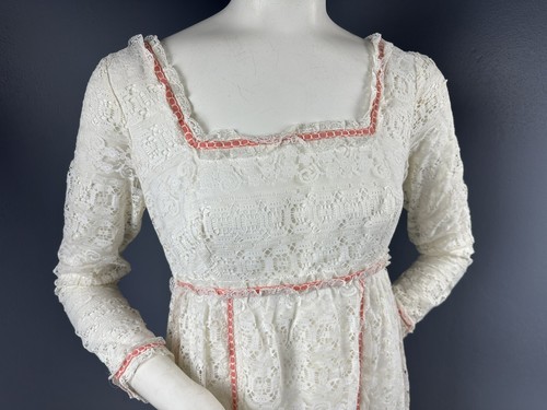 Maxi Vestido Romántico De Colección Años 60 Marfil Encaje Cintura Imperio Borde Coral Talla 13-14 - Imagen 4 de 10