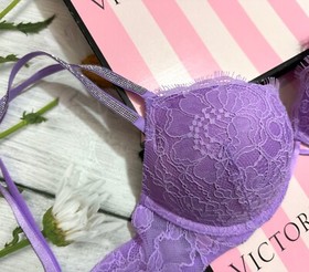 Victoria’s Secret Shine Double Strap Lace  Push-Up Bra Brazilian  Set Purple