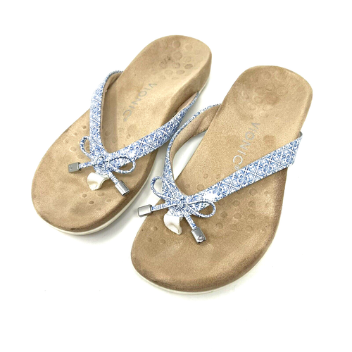 Vionic Bella II Sandals White & Blue Thong Toe Flip Flop Comfort Flat Womens 6