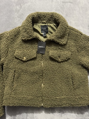 Forever 21 Women’s Faux Fur Sherpa Dark Olive Green Coat Jacket Size L NWT - Picture 2 of 8