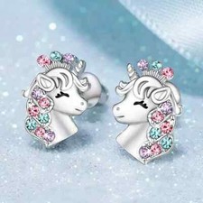 Unicorn Stud Earrings Cute Silver Toned Girl Women Fashion Jewelry Gift