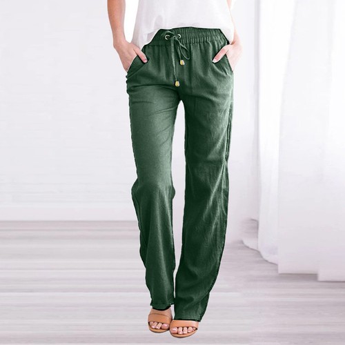 Womens Drawstring Elastic Waist Pants Casual Straight Leg Solid Long Trousers - Picture 36 of 38