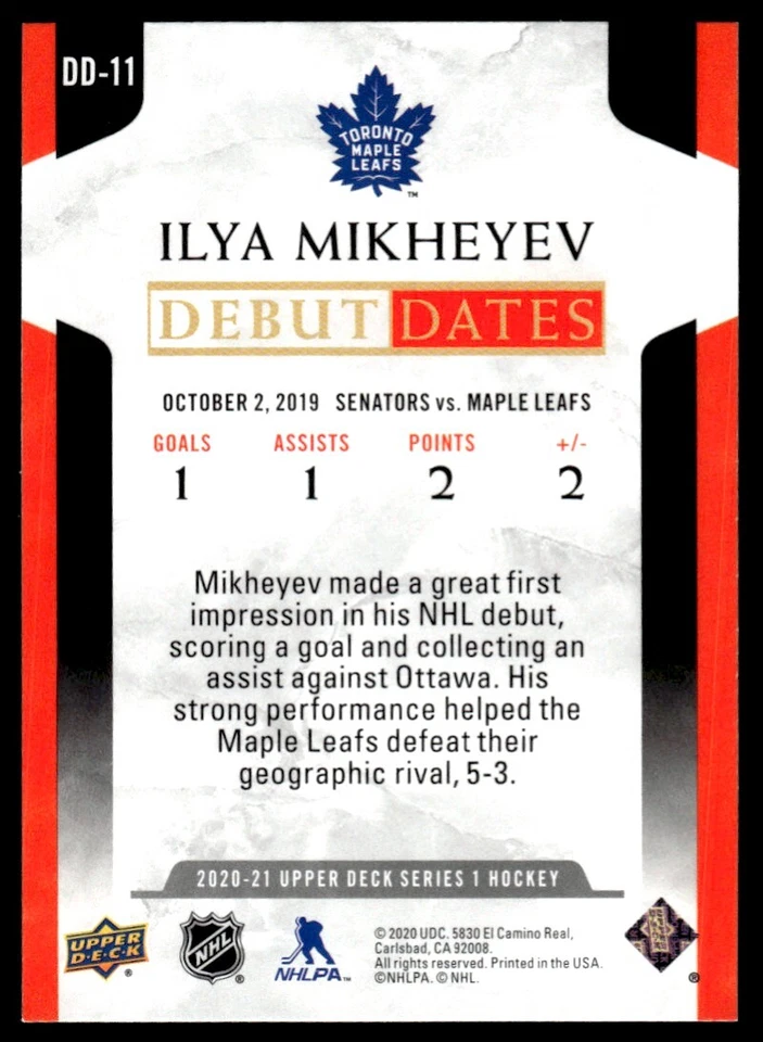 2020-21 Upper Deck Debut Dates Ilya Mikheyev Toronto Maple Leafs #DD-11 - Image 2 of 2