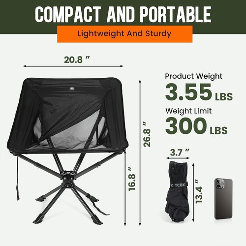 Swivel Portable Chair Camping Folding Chair Outdoor Beach Backpack Chair, Black - Picture 2 of 6