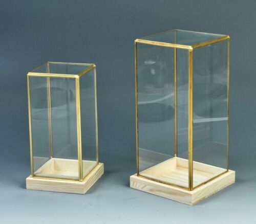 Copper Trim Wood Base Display Case Transparent Glass Doll Art Jewelry Dust Cover - Afbeelding 1 van 16