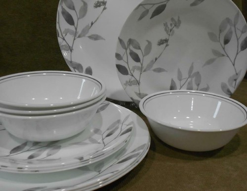 ❤️ JUEGO DE VAJILLA 12 piezas Corelle HOJAS BRUMOSAS Platos Cuencos *Grises Acuarelas - Imagen 2 de 7