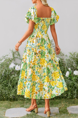 Women'S Casual Summer Midi Dress Puffy Short Sleeve Square Neck Smocked Tiered R - Picture 2 of 12