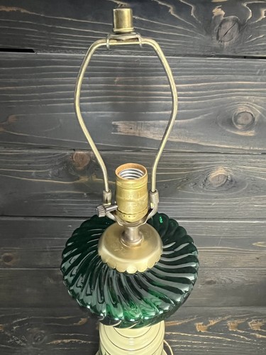 Antique Depression Era Emerald Green Glass And Ceramic Lamp w Painted Magnolia - Picture 4 of 18