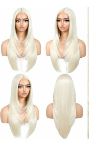 Platinblonde Perücke - HD Front Lace Echthaar Mischung Silber Weiß Glatt Seide - Bild 2 von 4