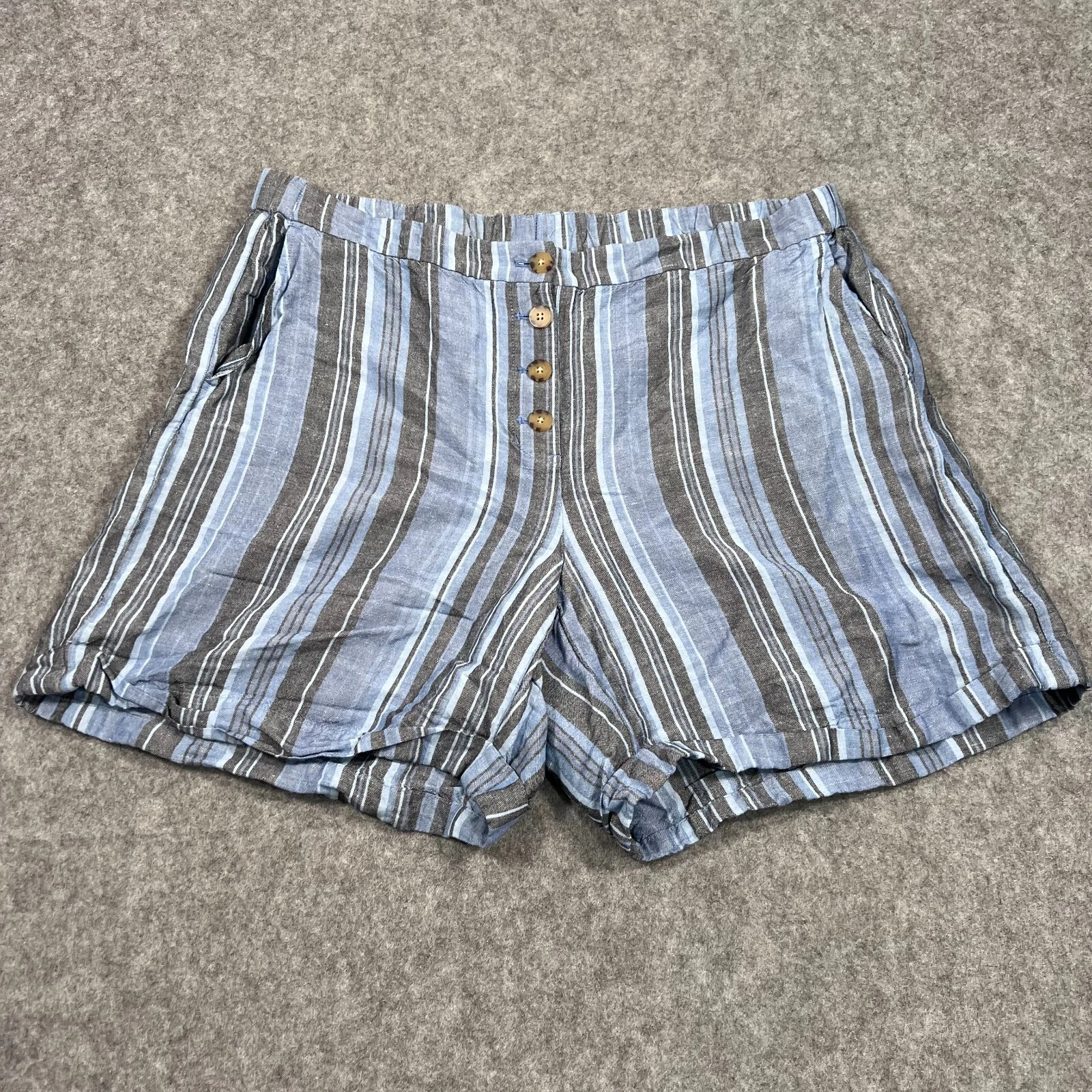 J.Jill Blue Gray Striped Linen Blend High Rise Button-Fly Shorts Women's Size XL