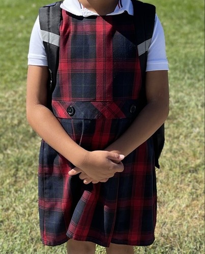 Plaid School Uniform Lands End Girls Red Navy Jumper Dress Size 8 - Picture 9 of 9