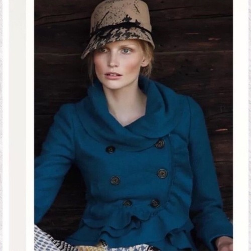 Women's Elevenses Frilled Echelon Ruffle Teal Pea Coat Jacket Size 8 - Picture 2 of 8