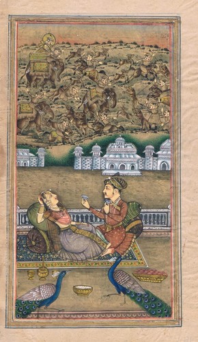 Mughal King And Queen Love Scene With Hunting Art Hand Made 5.5x9.5 Inches - Picture 2 of 6