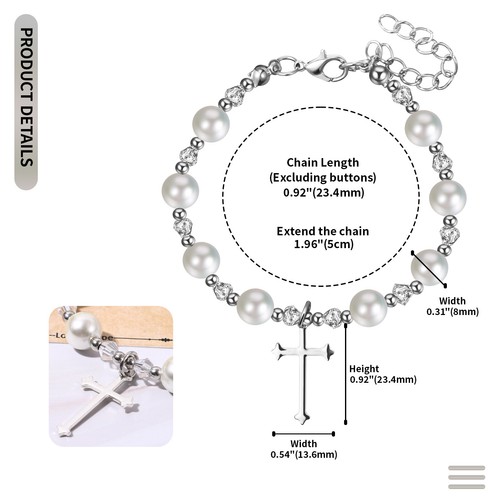 Virgin Mary Rosary Bead Cross Chain Simulated Pearl Beaded Bracelet for Women - Picture 35 of 56