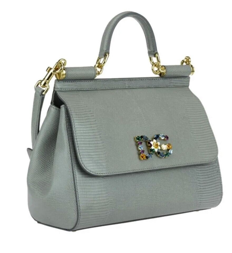 DOLCE&GABBANA ロゴプレート Sicily62 ハンドバッグ DOLCE & GABBANA Handbag Gray Leather Sicily Logo Crystal