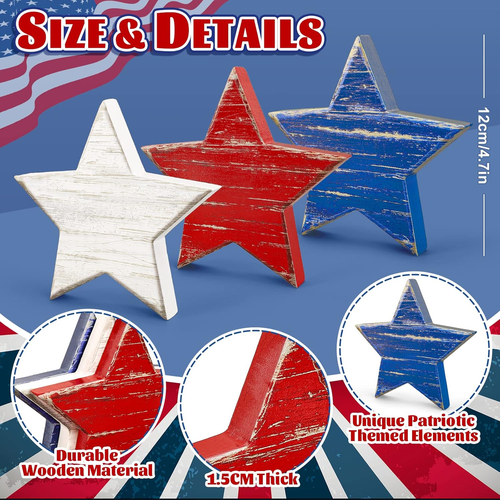 4Th of July Wooden Star Signs Patriotic Rustic Star Shape Tiered Tray Decor Red - Picture 2 of 7
