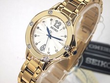 SEIKO Ladies Wrist Watch Crystal White Dial Gold Bracelet Band SRZ424P1 NWT
