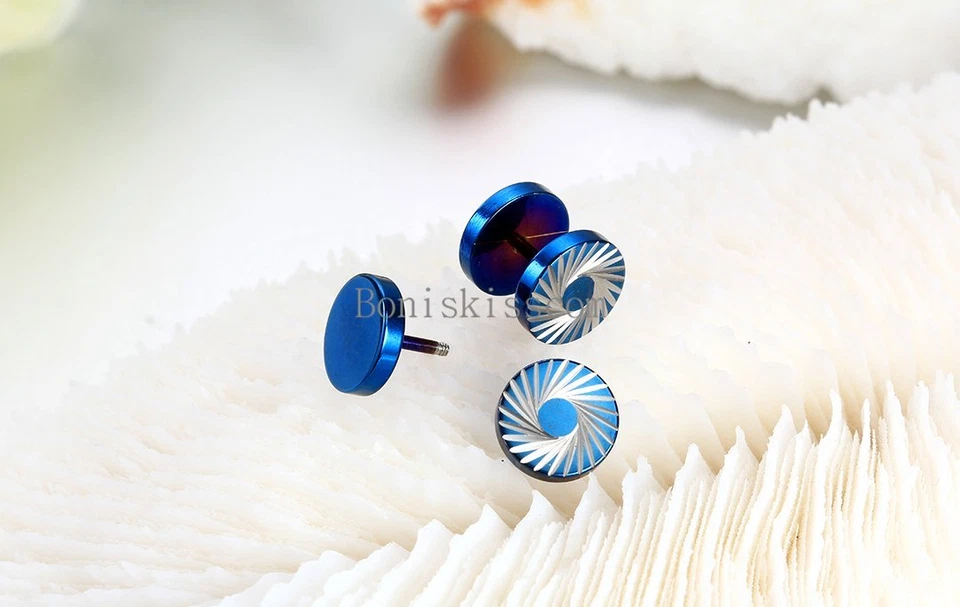 Pendientes de 2 piezas con tornillo redondo de acero inoxidable azul con barra tornado para hombre Foto 3 de 4