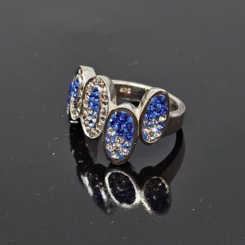 925 Sterling Silver Blue & White Crystal Pave Cocktail Ring Size 7 - Picture 6 of 14
