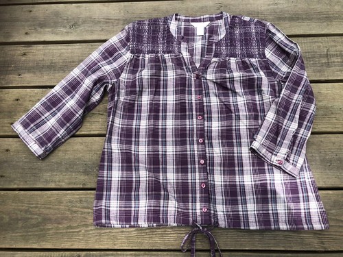 Christopher & Banks 3/4 Sleeve Buttonfront purple and silver plaid blouse Size L - Picture 1 of 7
