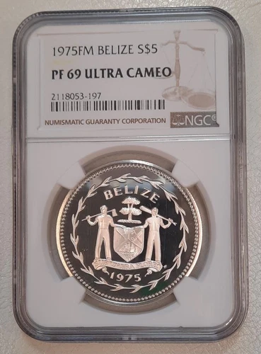1975 FM BELIZE $5 (DOLLARS) SILVER - NGC PF 69 - UC UNC PROOF, FINEST GRADE