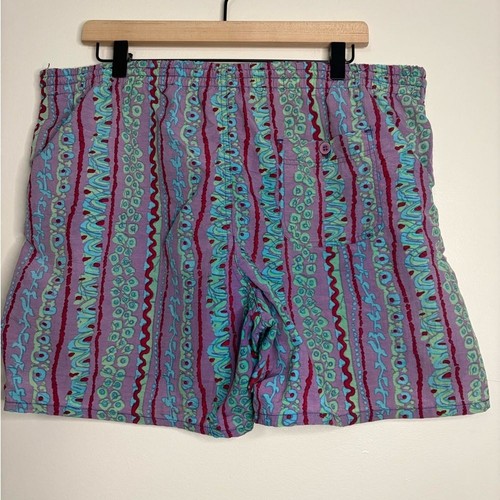 Vintage colorful 90’s swim Trunks L Nylon Lined Abstract Stripe Drawstring - Picture 3 of 6