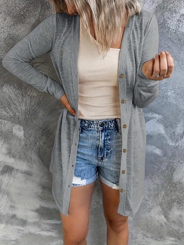 Plus Size Casual Cardigan, Women's Plus Solid Round Neck Button Up Long Sleeve C