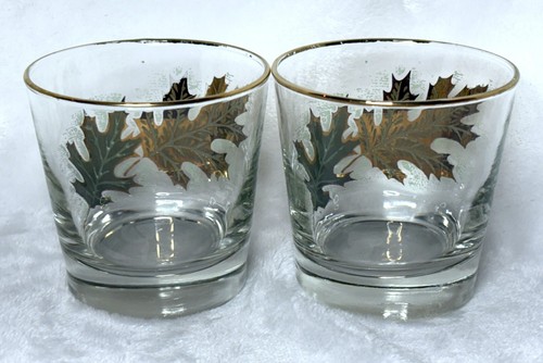 2 Vintage Libbey Golden Oak Leaf Lowball Glass MCM Bar Ware Gilded 24kt - Picture 5 of 8