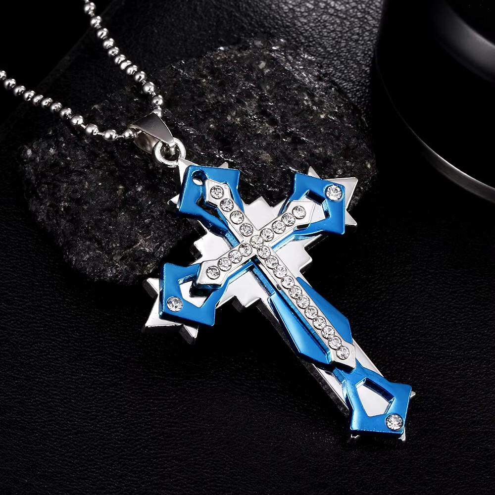Dark Blue and Clear Cubic Zirconia Cross Necklace with Rope Chain - Nontarnish Dark Blue and Clear Cubic Zirconia Cross Necklace with Rope Chain - Nontarnish