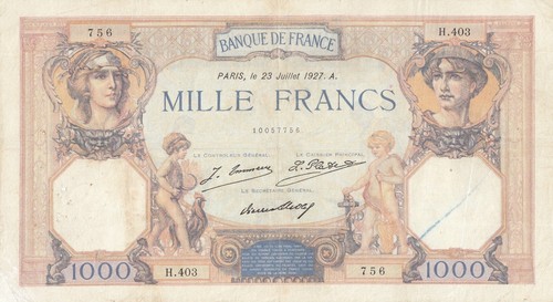 FRANCIA    MILLE FRANCS  Cérès et Mercure  Paris le 23 Juillet 1927 A. - Picture 1 of 2