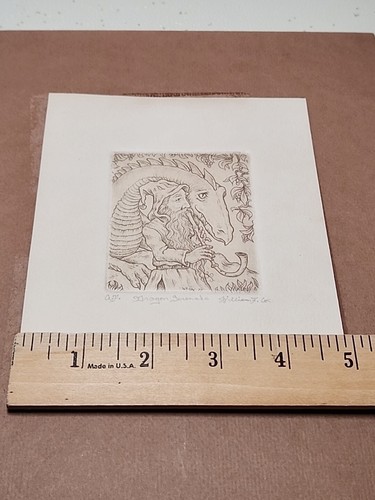 Dragón grabado medieval firmado vintage 1977 William F. Cox “Dragon Serenade” - Imagen 7 de 7