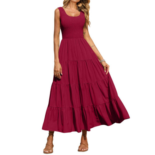 Women Summer Dress Sleeveless Smocked Midi Dress High Waist Tiered A Line Dress - Picture 7 of 27