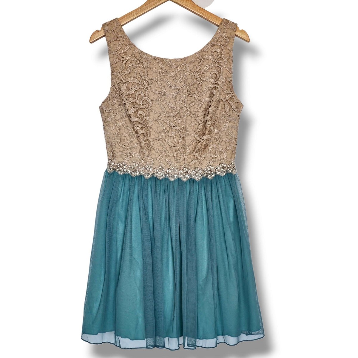 Jodi Kristopher Party Dress Lace Tulle Rhinestones Size 9 Beige Teal Prom  Fairy