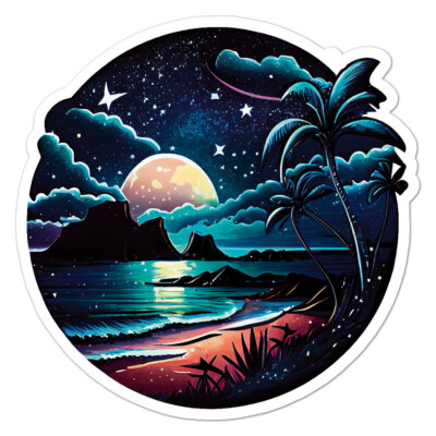 Tropical Beach Moon, Vinyl Decal Sticker, Indoor Outdoor, 3 Sizes, #9804