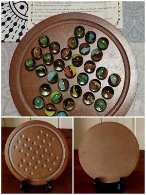 JEU DE SOLITAIRE + NOTICE PLATEAU BOIS ∅ 18 CM - COMPLET 33 BILLES DE VERRE -TBE - Photo 1/4