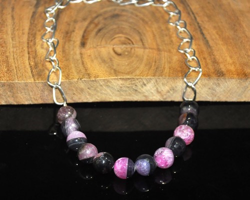 Pink and Black Agate Beaded Chain Necklace, Natural Gemstone Round Beads 17 inch - Bild 2 von 7