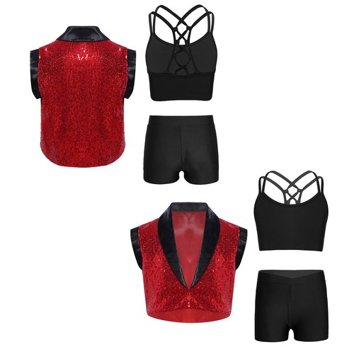 Girls Suits Masquerade Sets Performance Outfit Shiny Cropped Jacket Jazz Dance - Picture 7 of 71