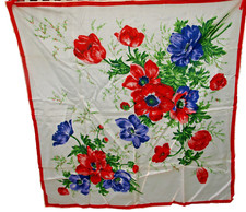 VINTAGE Sapphire Crepe Scarf Floral HAND ROLLED JAPAN 100 Rayon 30x30