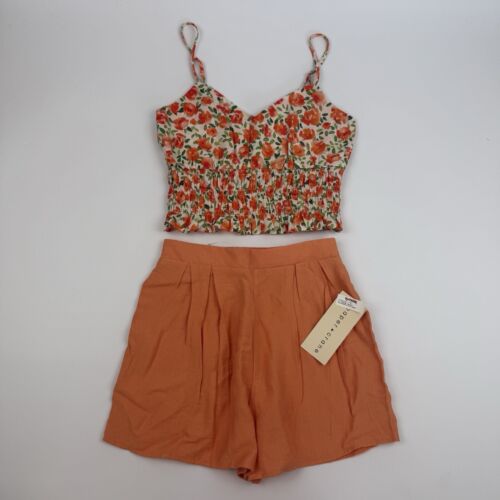 NWT Paper Crane Orange Smocked Cropped Top & Shorts 2-Pc Set High Waist Sz XS - Picture 2 of 13