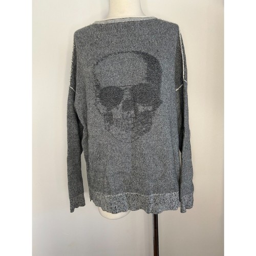 Womens Skull Cashmere Blend Zipper Pullover Sweater Long Sleeve Gray Oversized S