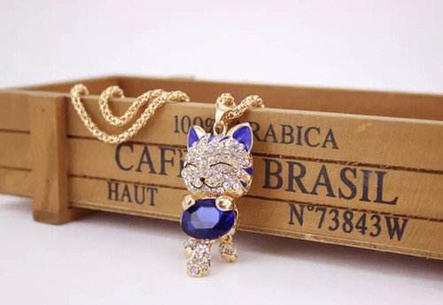 Exquisite Figaro Semi Long Chain Design Crystal Cat Pendant Necklace - Picture 2 of 6