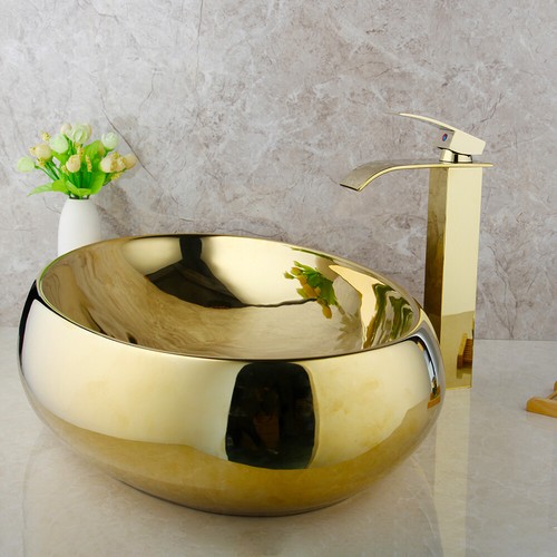 Juego combinado de lavabo de porcelana ovalada con lavabo de cerámica dorada para baño - Imagen 4 de 11