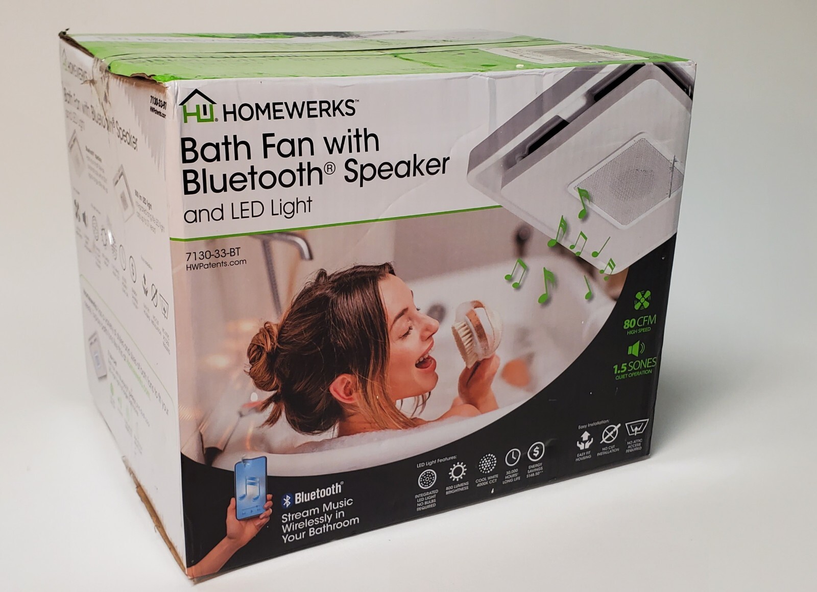 Homewerks BATH FAN w/ BLUETOOTH SPEAKER & LED Light White 713033BT