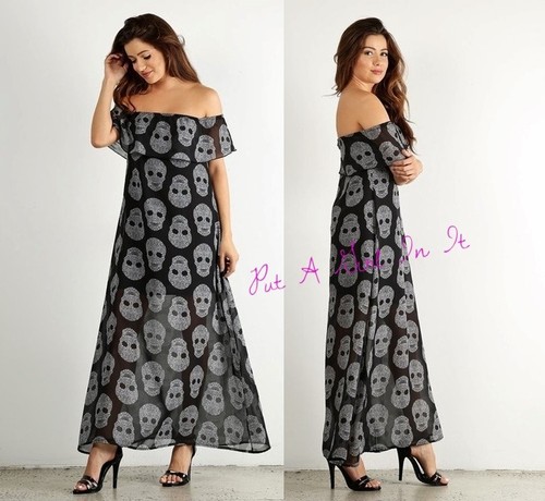 New Womens CHIFFON BLACK SKULL RUFFLE 