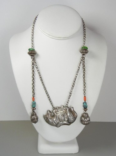 Antique Chinese Necklace Silver Turquoise Coral Horse Vintage