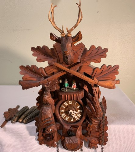 West German Hunter Cuckoo Clock w/ Music Box and Dancers Cleaned and Working - Picture 2 of 21