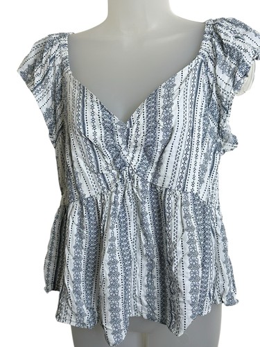 Top de mujer Japna grande bebé muñeca manga aleteada corta azul peplum marfil floral - Imagen 2 de 6