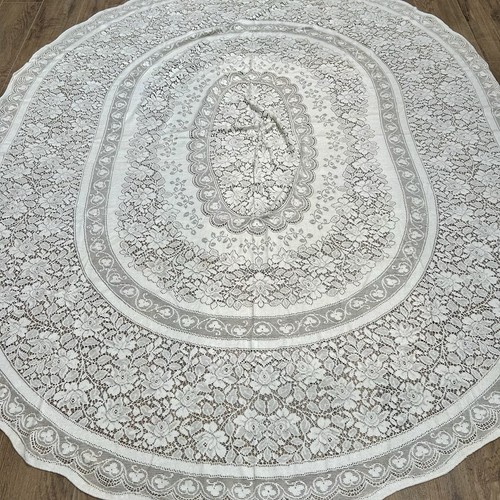 Vintage Oval Lace Tablecloth Cream Off White 77” X 63” Floral Traditional - Picture 7 of 13
